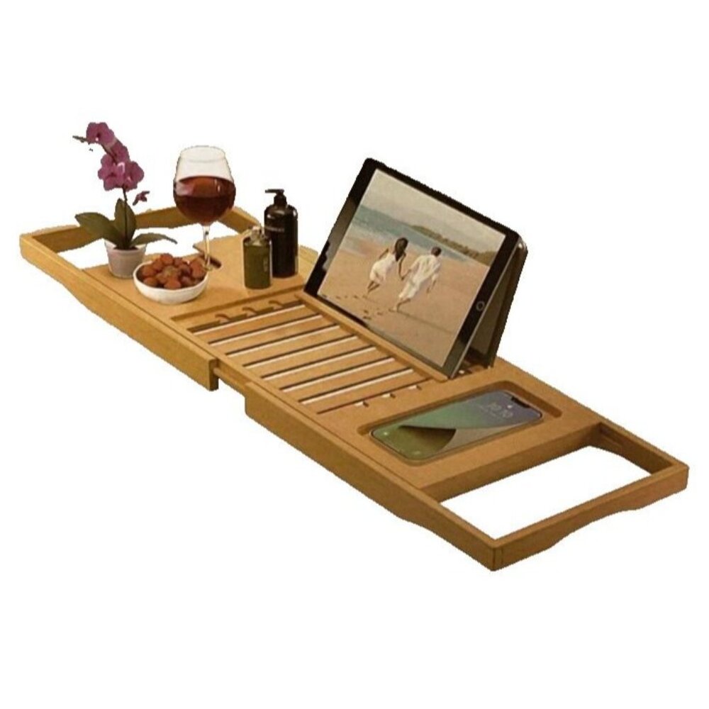 Bamboo Bath Caddy Bathtub Tray Adjustable Waterproof Durable Moderne Elegance